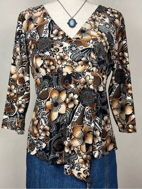 Dressbarn Y2K Brown Floral Faux Wrap Top Boho Fairy Grunge Vintage 2000s Blouse
